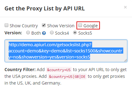 Socks Proxy API Google Option